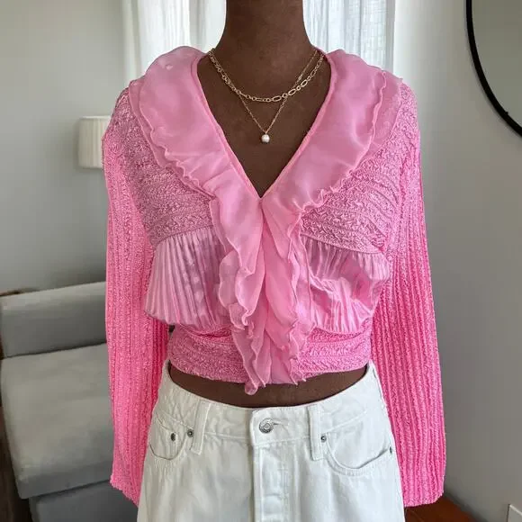 Y2K Vintage WD.NY Women’s Pink Top Textured Mesh Ruffle Blouse Top Size M - Picture 1 of 8